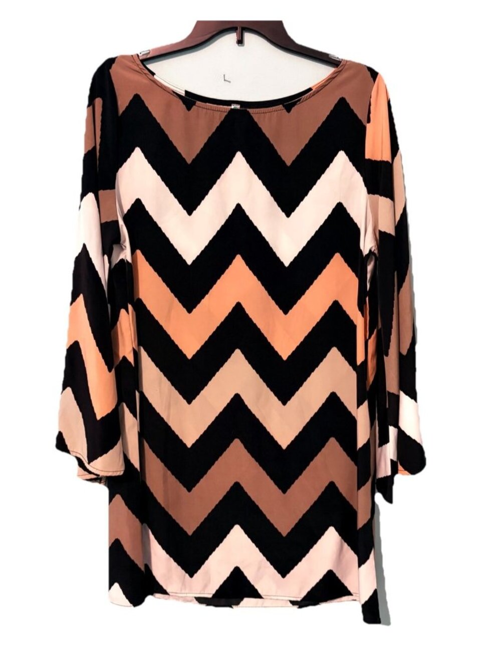 Auditions Retro Chevron Zig Zag Dress Bell Sleeves Orangie Peach Black Sz L